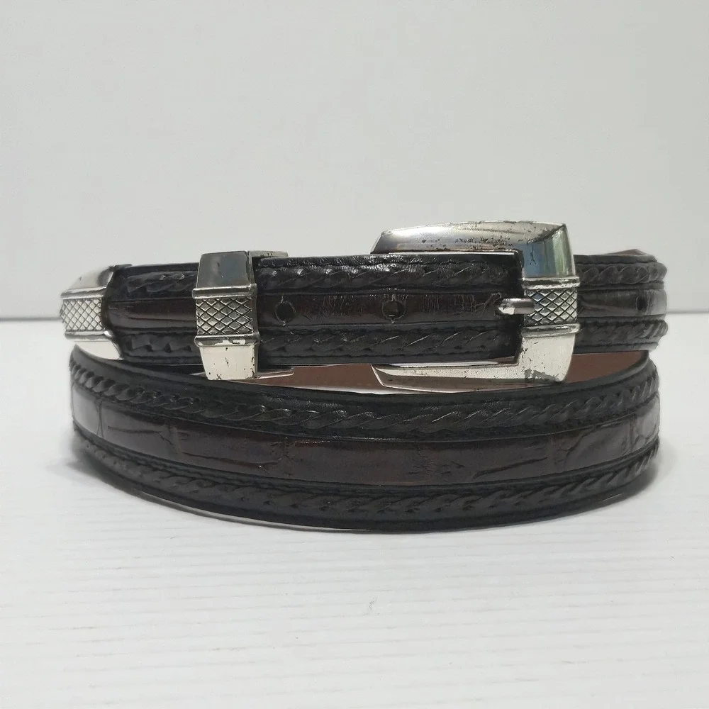 Vintage Onyx By Brighton Leather Belt Silver Tone Hardware Croc Brown 40